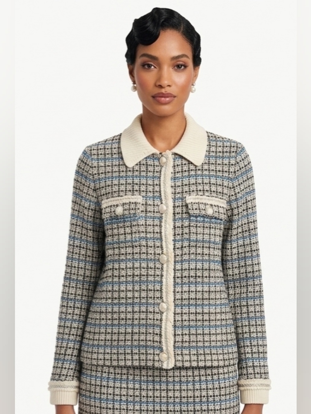 NWOT Talbots Cream and Blue Plaid Sweater Jacket Size L